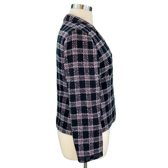 Requirements Petite Classic Black and Pink Plaid Tweed Jacket - Picture 6 of 14
